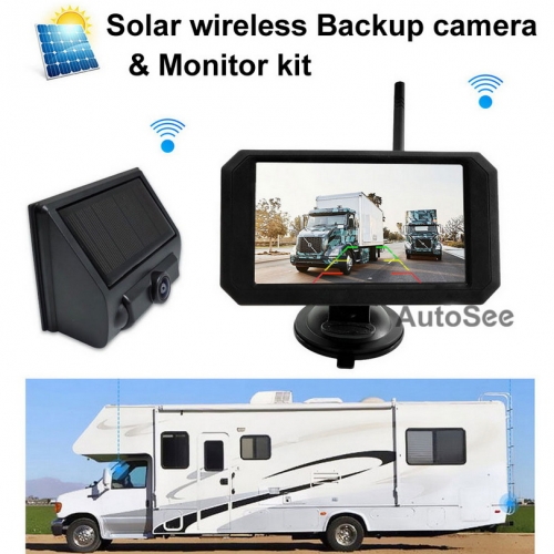 Solar Wireless Car Bus Truck Motorhome Reverse Backup camera with 5 inch screen monitor Reversing Parking Assist